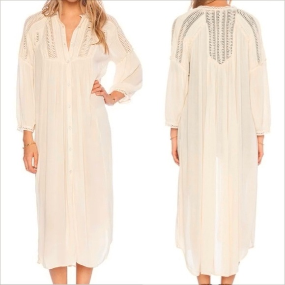 Free People Cream Textured Lace Crochet Pleated Button-Up Cover Up Long Dress S - Picture 1 of 9